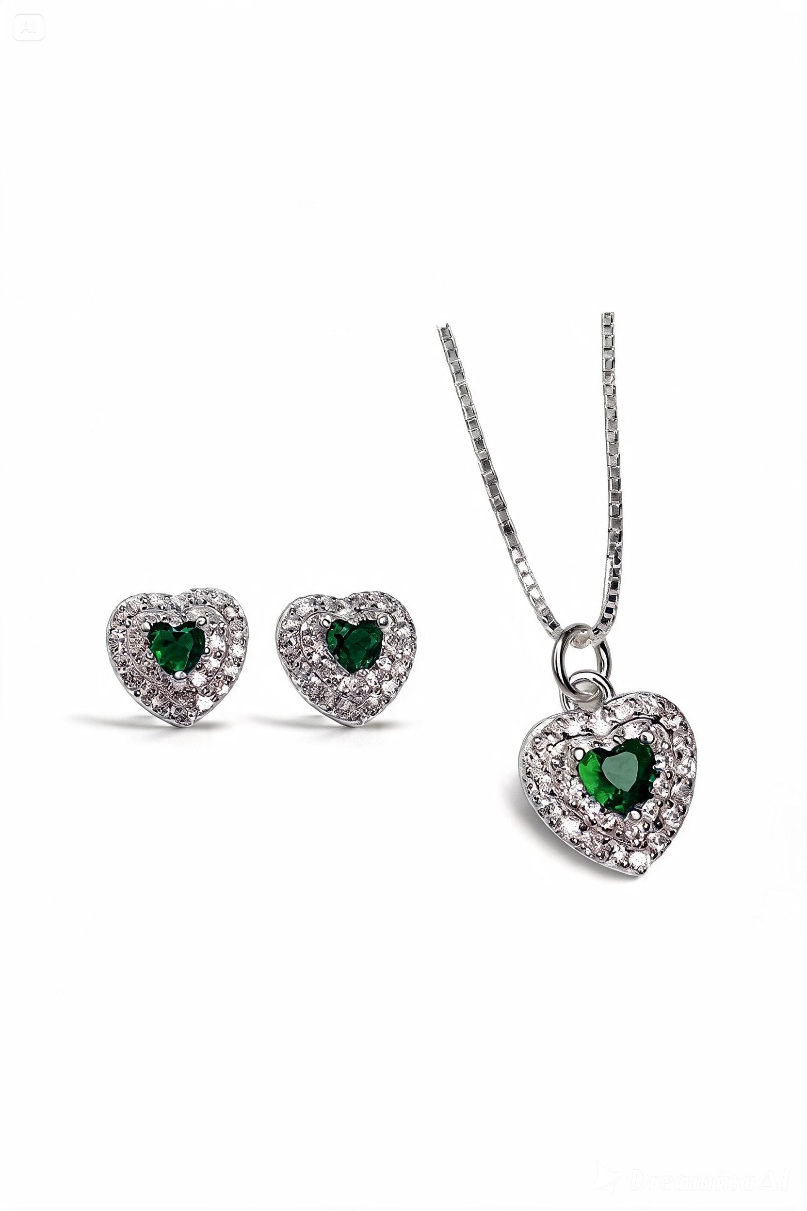Conjunto Coração Verde em Prata 925