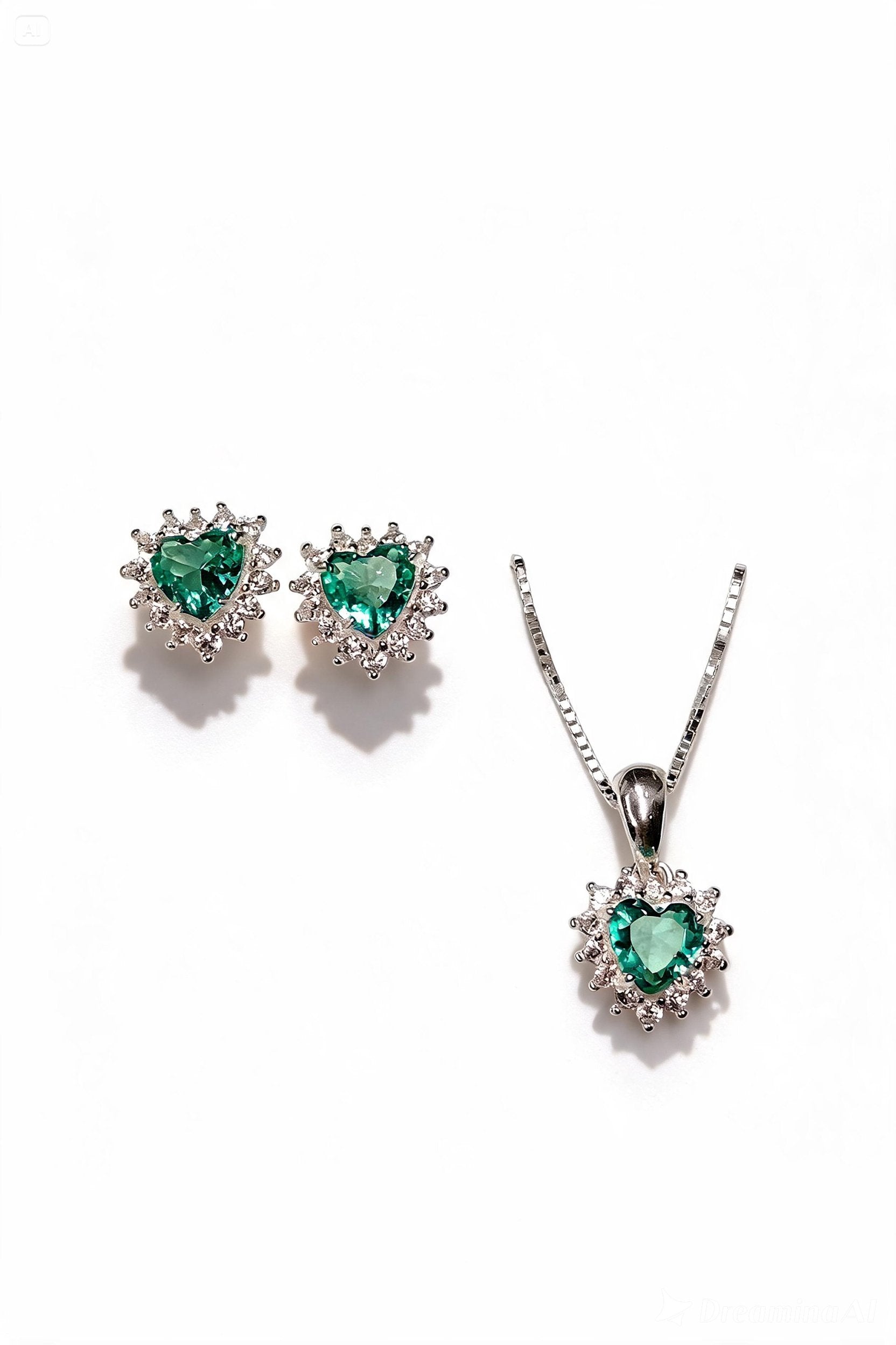 Conjunto Coração Esmeralda em Prata 925