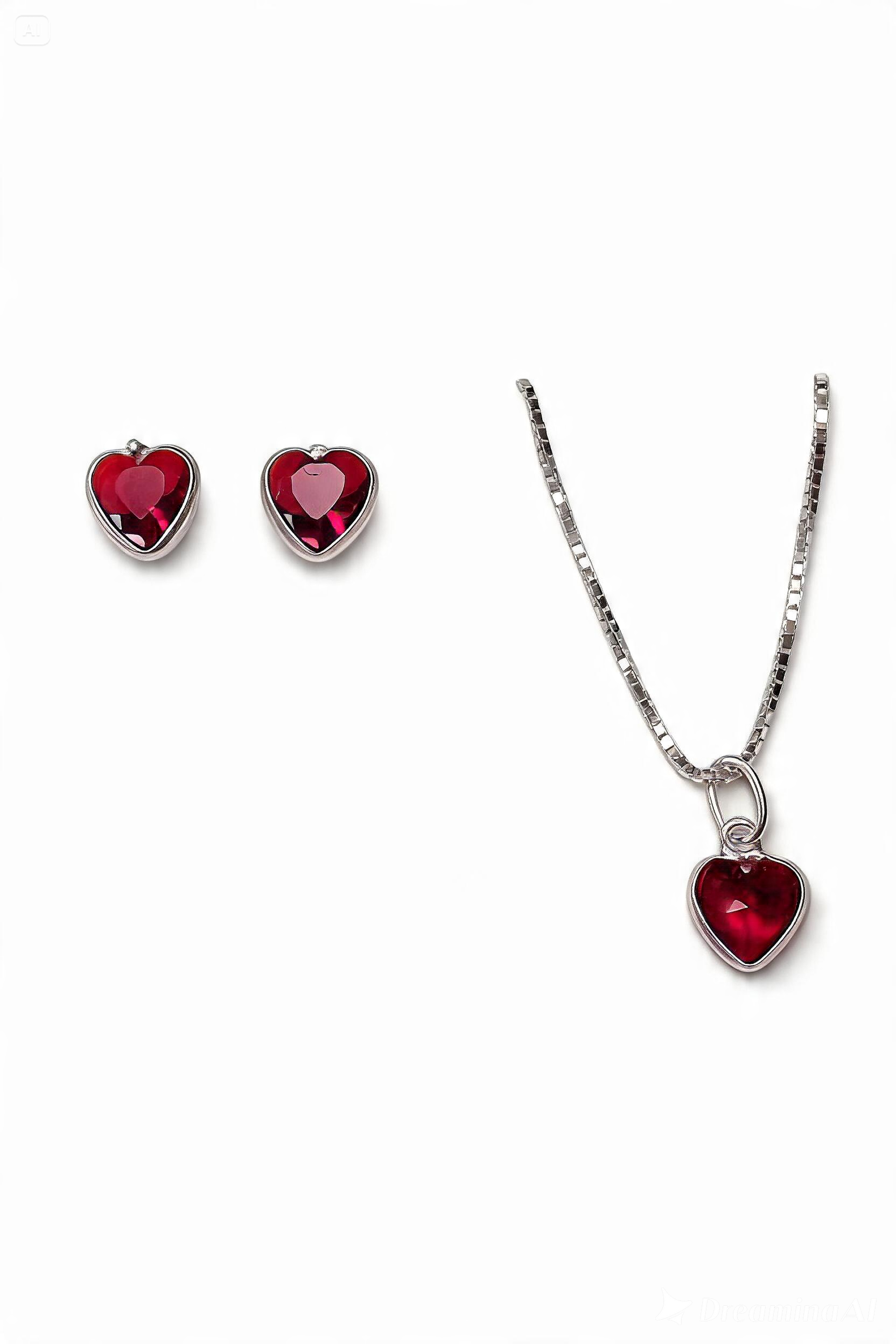 Conjunto Coração Vermelho em Prata 925