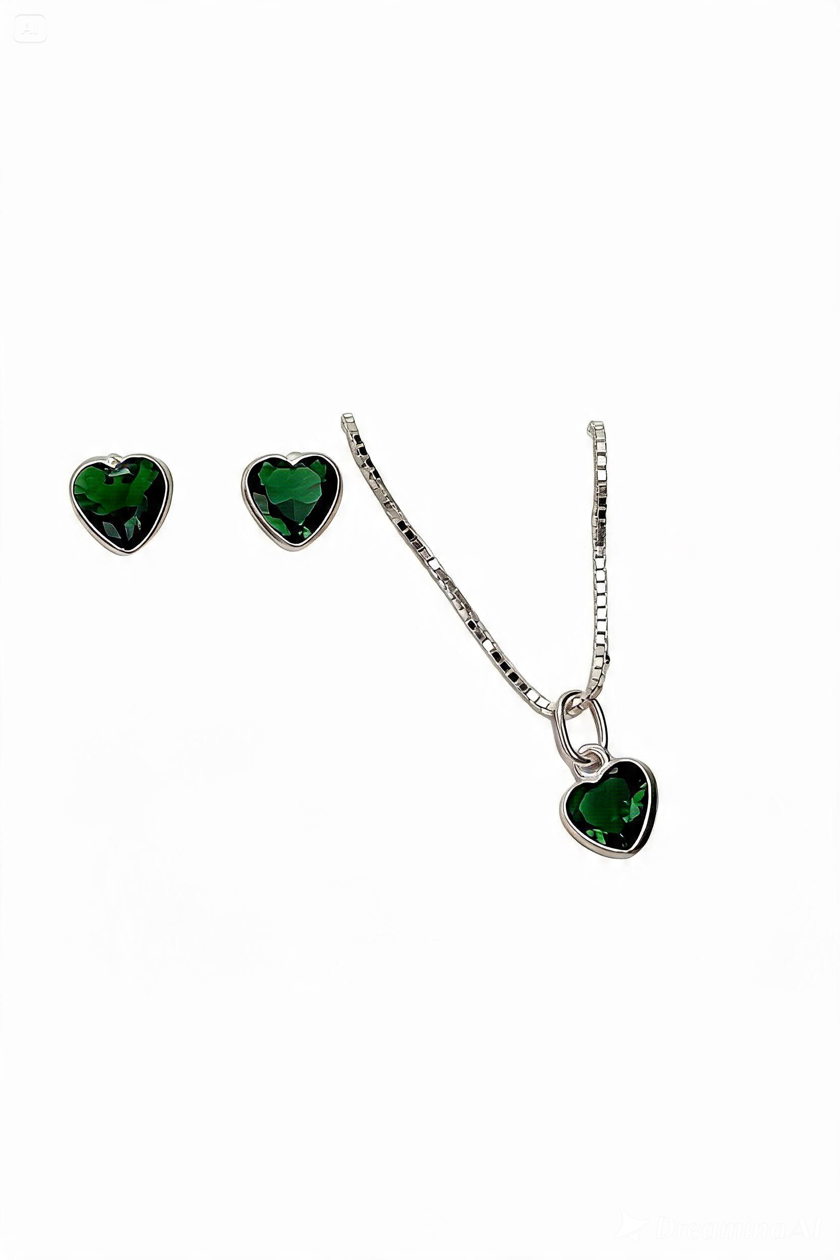 Conjunto Coração Verde em Prata 925