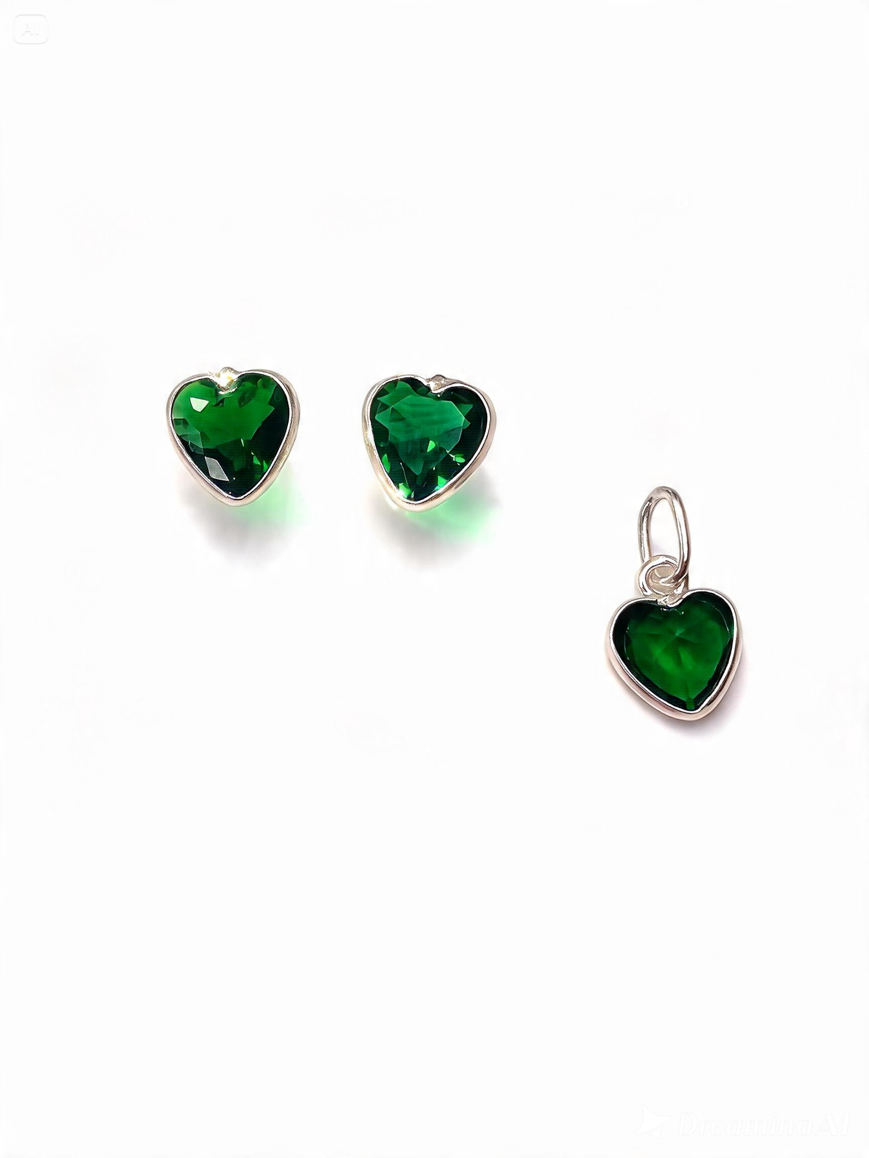 Conjunto Coração Verde em Prata 925